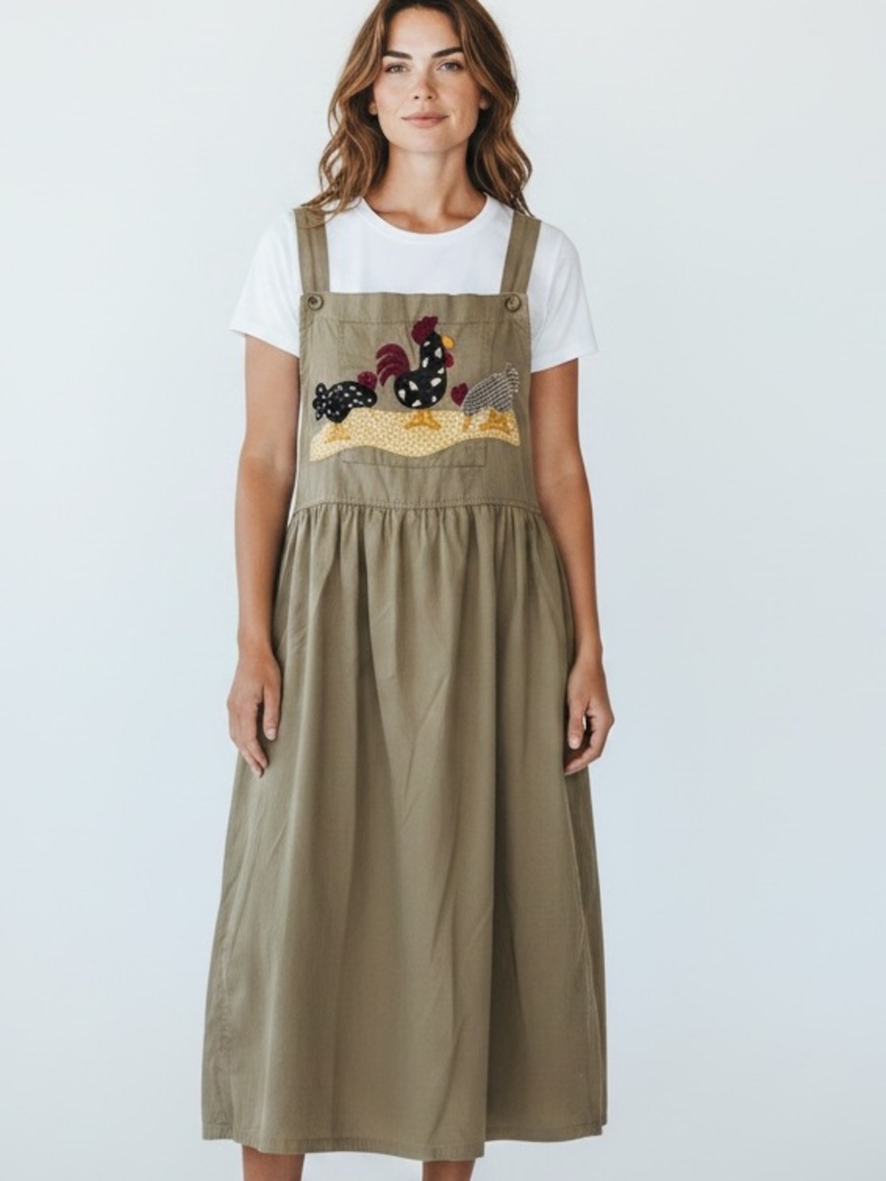 Jumper Pinafore Dress in Khaki, featuring Chickens Medium